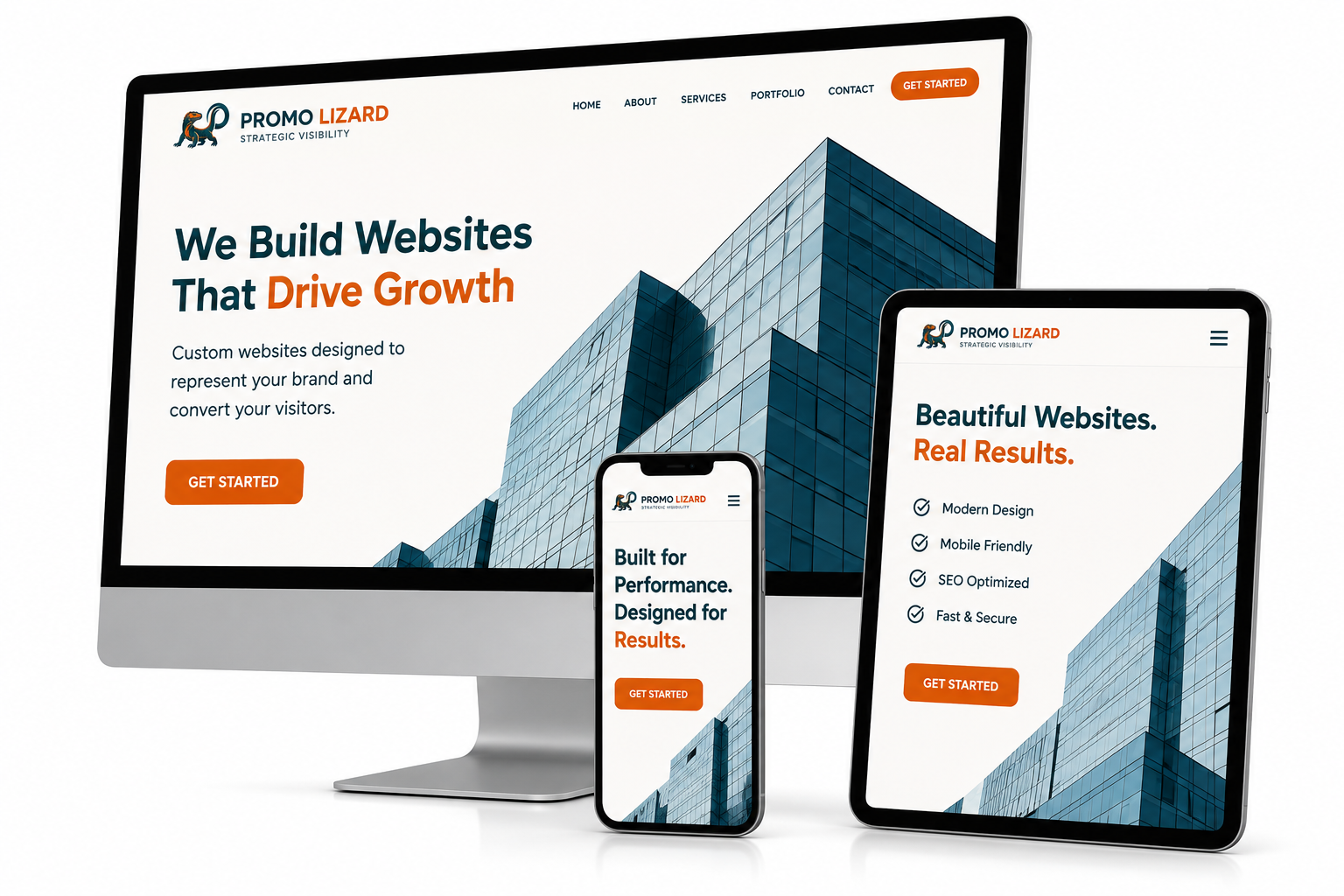 Mockup of the Promo Lizard website design shown on a desktop monitor, tablet and smartphone